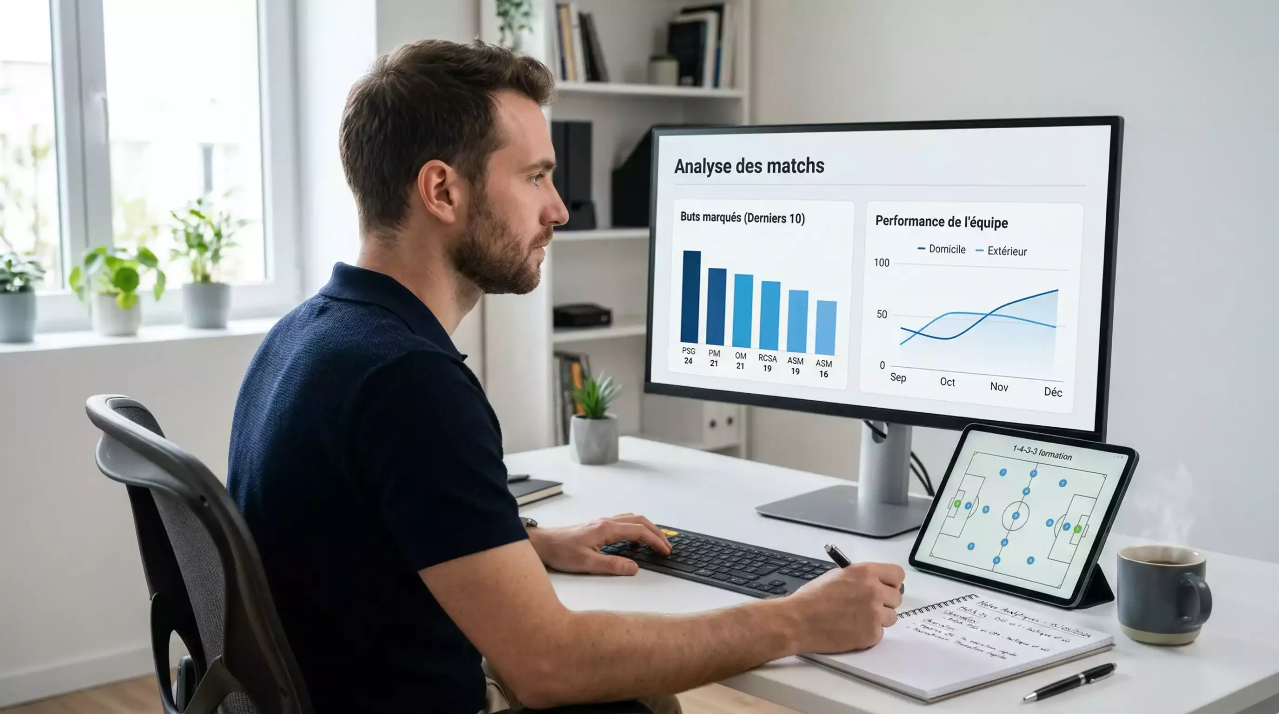 Analista revisando graficos y estadisticas de rendimiento de equipos de futbol en una tablet