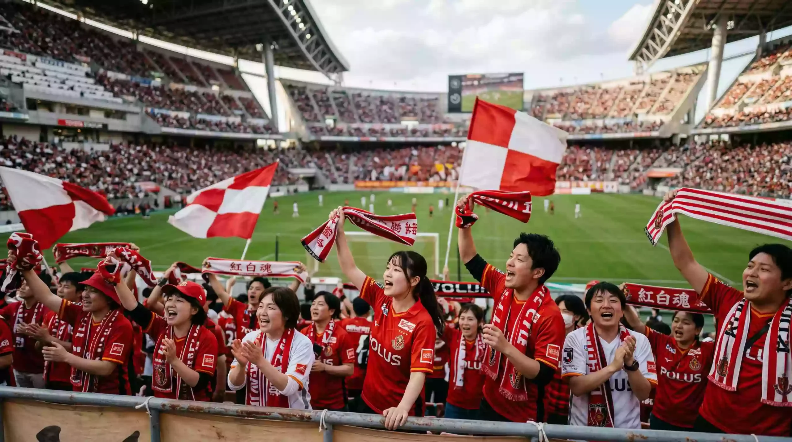 Aficionados japoneses animando en un estadio de la J1 League con banderas y bufandas de colores