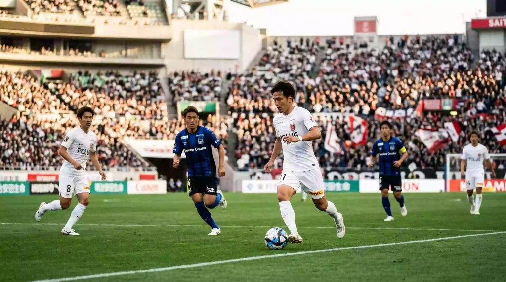 Equipos de la J1 League japonesa en acción durante partido de fútbol